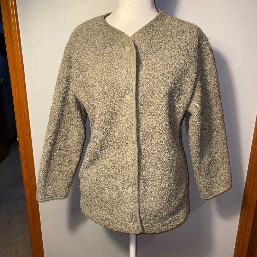 Joie sage Green Sherpa Fleece teddy Snap Front Collarless Jacket pockets size XS